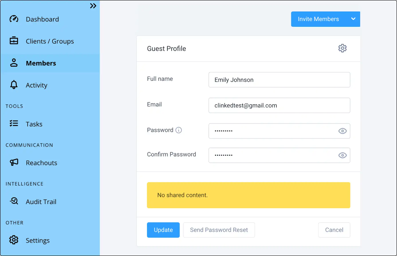 client portal interface showing user profile management permissions and audit visibility in a structured workspace