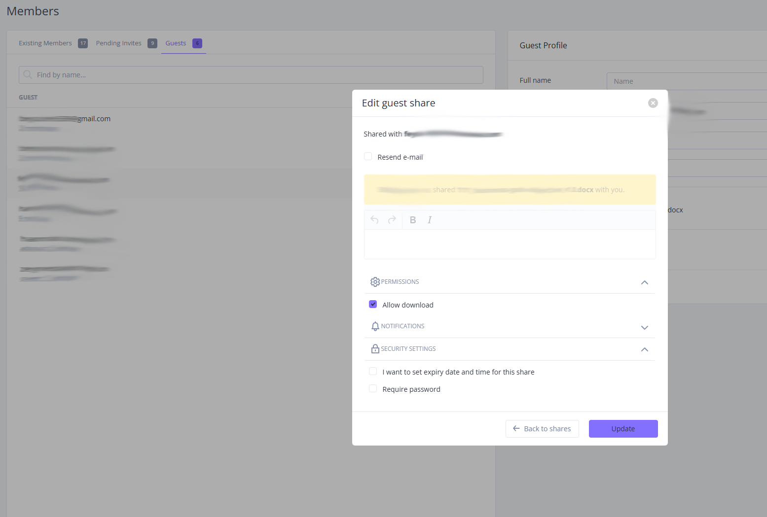 Easily manage guest access and security settings in Clinked. Control downloads, set expiry dates, and password-protect your shared files in one view.