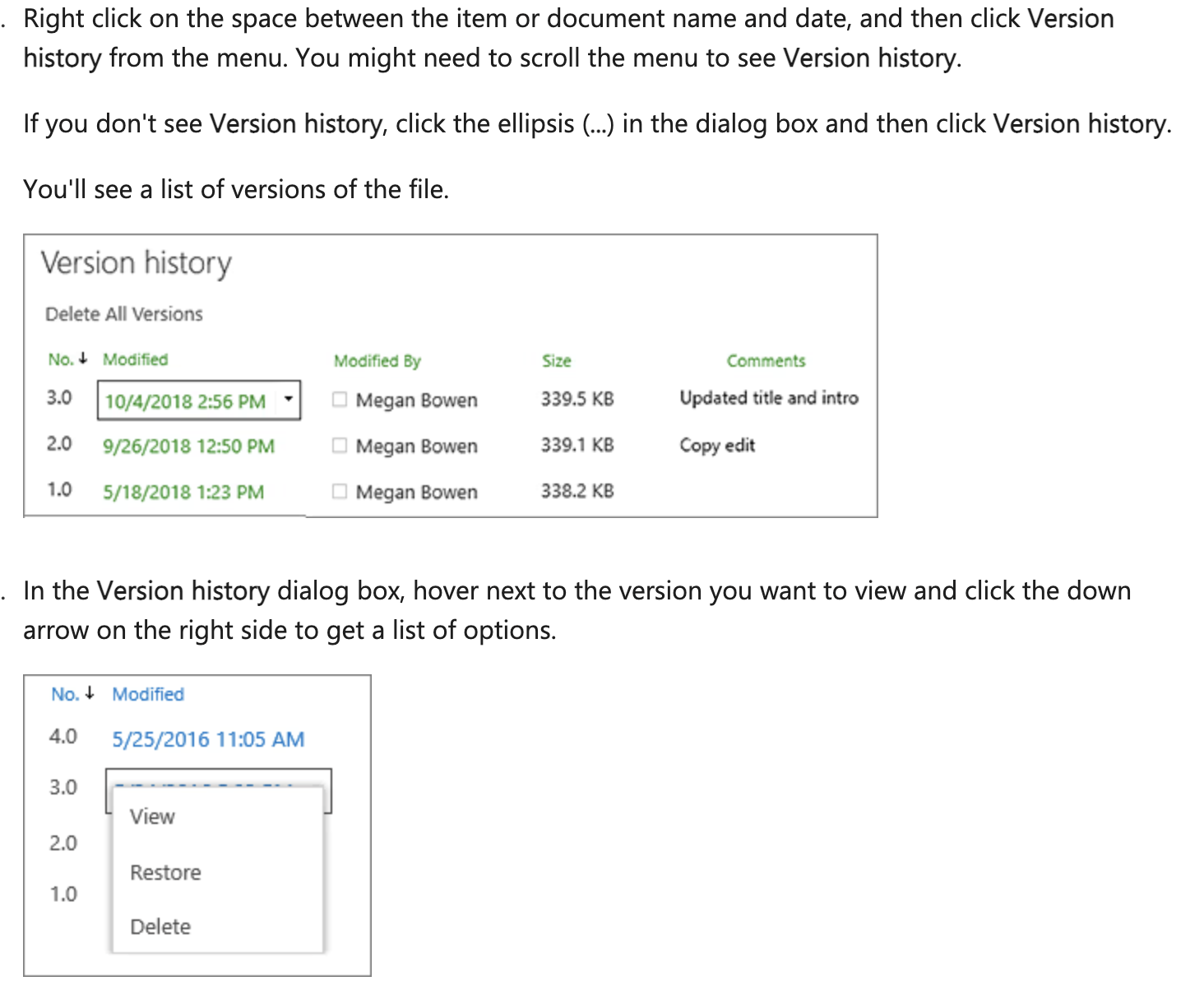Sharepoint version history