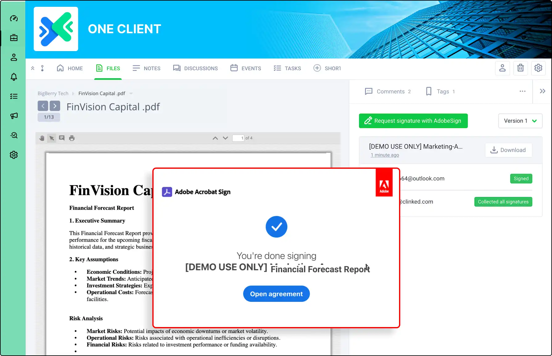 A screenshot of Clinked's secure document signing feature, showcasing the integration with Adobe Acrobat Sign for seamless electronic signatures and enhanced document security.
