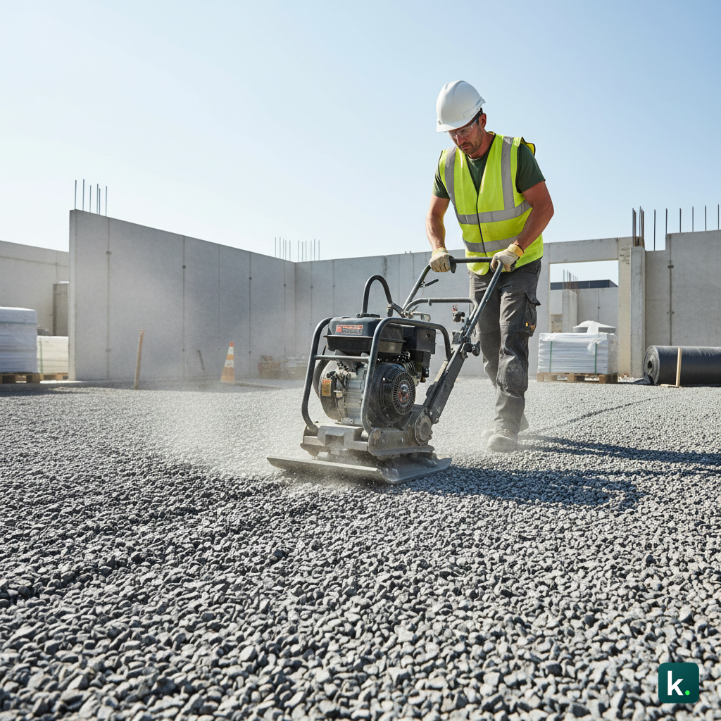 Un ouvrier utilisant une plaque vibrante ou un petit rouleau sur une surface de grave 0/31.5.