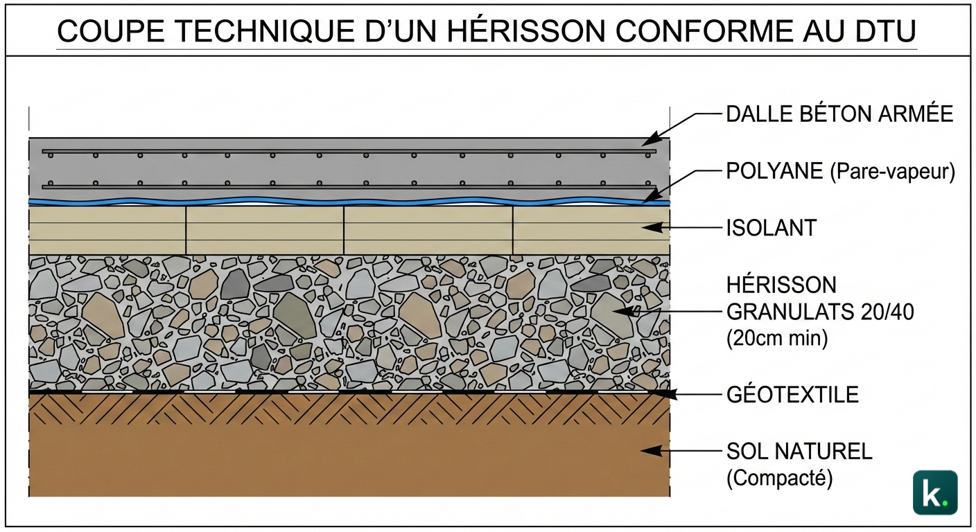 Une vue en coupe montrant les différentes couches : sol naturel, géotextile, GNT compactée (20cm), polyane, et dalle béton armée.