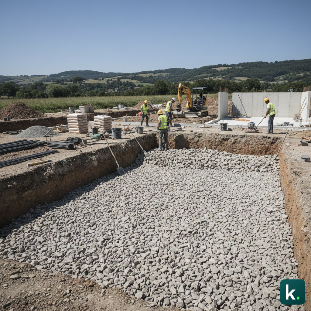 Pose d'un lit de caillou pour préparer le coullage d'une dalle de béton