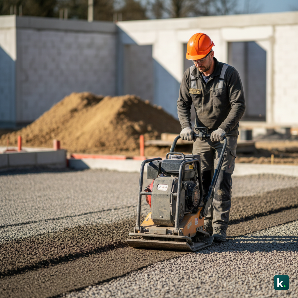 Un ouvrier utilisant un compacteur tandem ou une plaque vibrante sur une couche de 0/31.5 propre et humide.