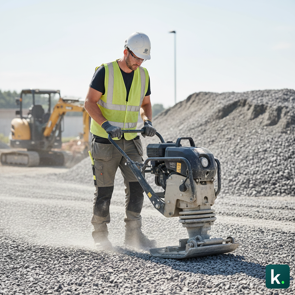 Photo d'un ouvrier utilisant une plaque vibrante sur une couche de grave 0/31.5.