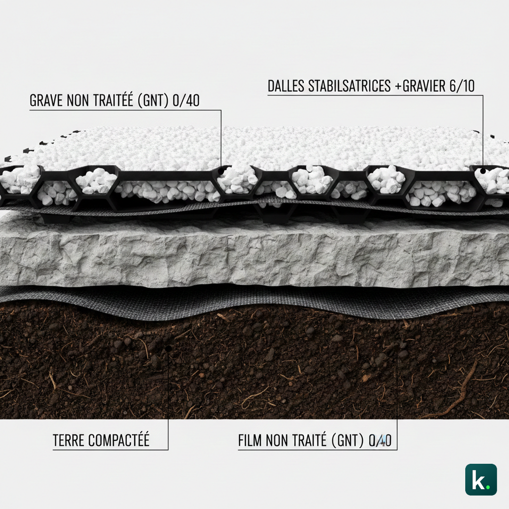 Vue en coupe montrant les différentes couches (terre, géotextile, GNT compactée, dalles alvéolaires, gravier).