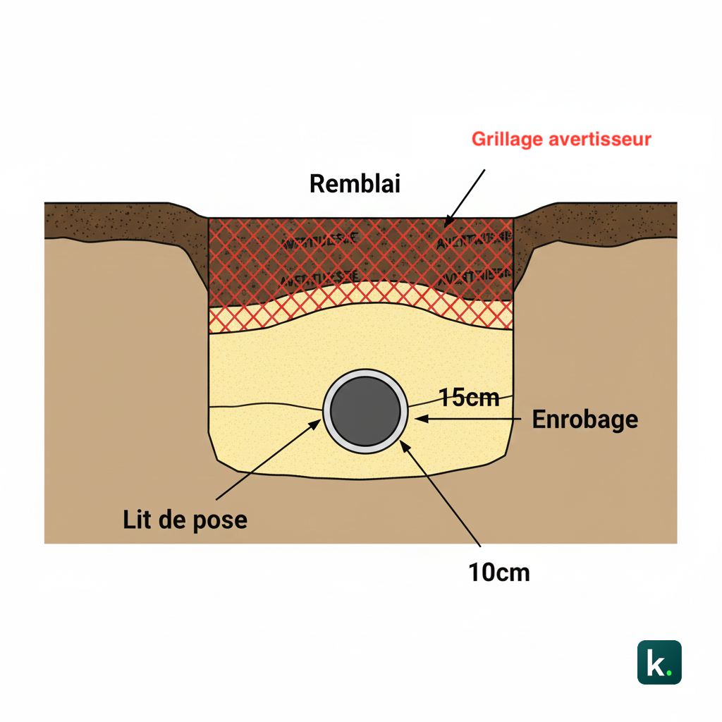 Coupe transversale d'une tranchée montrant le lit de pose, la canalisation, l'enrobage en sable et le remblai supérieur avec le grillage avertisseur.