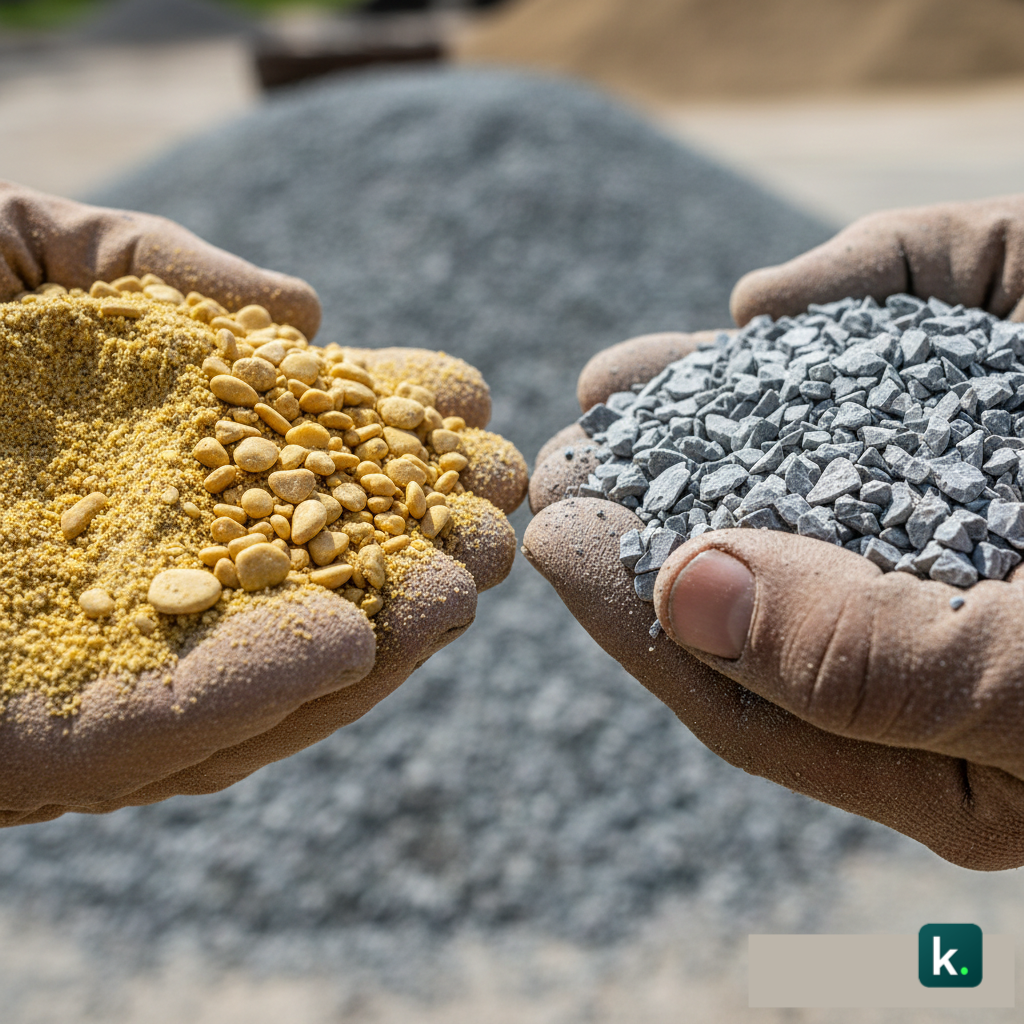 Deux mains tenant d'un côté du sable 0/4 et de l'autre du gravillon 2/4 pour montrer la différence de granulométrie.