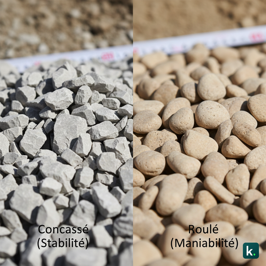 Gros plan sur deux échantillons de gravier, l'un anguleux (concassé) et l'autre arrondi (roulé), avec étiquettes expliquant leurs usages (stabilité vs maniabilité).