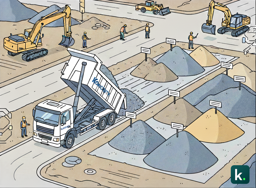 Illustration montrant l'efficacité logistique de Koncrete avec différents camions (benne, semi-remorque) sur un grand chantier, suggérant une livraison rapide et adaptée.