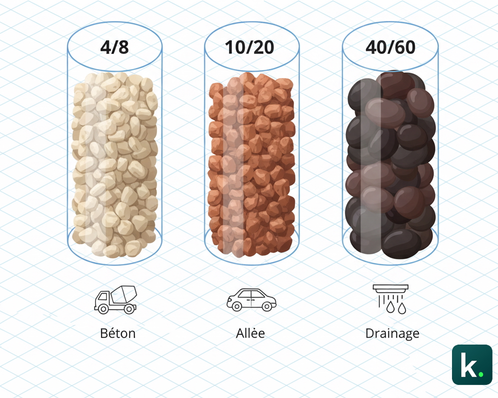 Représentation simple des différentes granulométries de gravier (4/8, 10/20, 40/60) et leurs usages BTP (béton, allée, drainage).