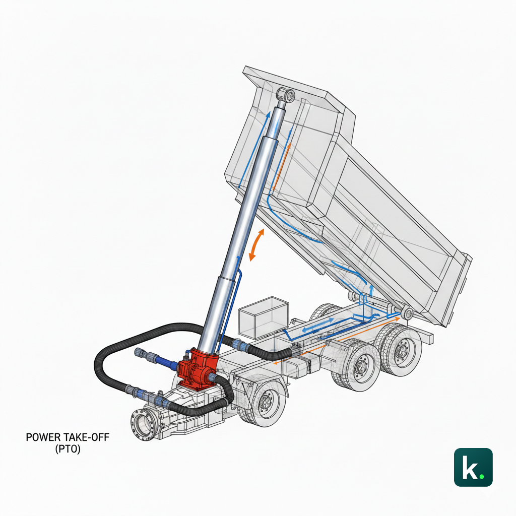 Un schéma pédagogique montrant le circuit entre la pompe, le réservoir d'huile et le vérin télescopique sous la benne.
