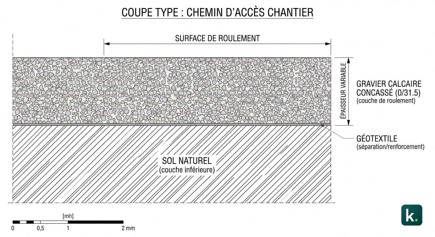 Vue en coupe montrant les différentes couches : sol naturel, géotextile, et couche de GNT 0/31.5.