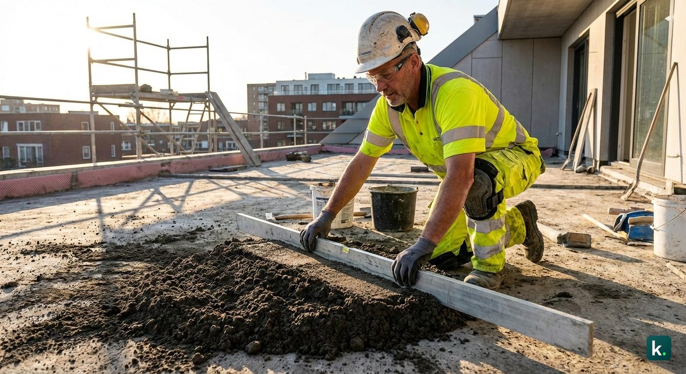 Un ouvrier en tenue de travail tirant une règle de 2m sur des nus en mortier, montrant la texture "terre humide" du mortier.