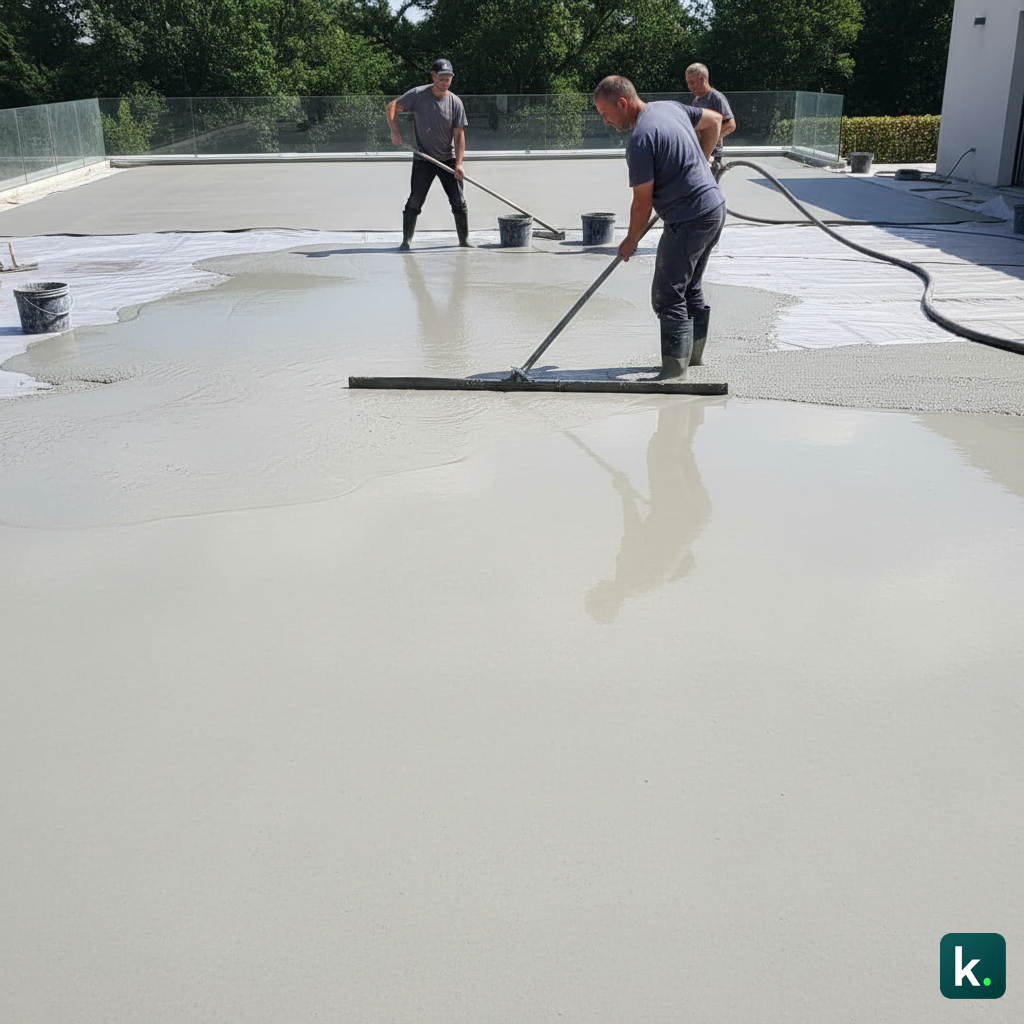 Mise en avant de l'utilisation d'un laser de chantier pour garantir la pente de 2% lors de la réalisation des nus, assurant une évacuation parfaite des eaux pluviales.