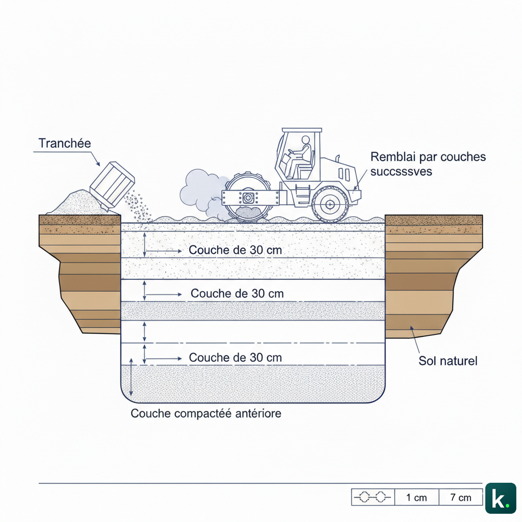 Schéma montrant le remblayage d'une tranchée par couches de 30 cm avec le passage d'un compacteur à pied de mouton.