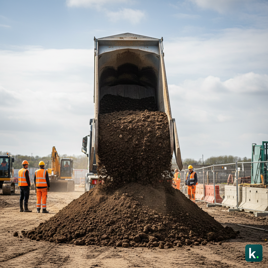 Une semi-remorque benne livrant de la terre végétale sur une zone de stockage propre sur un chantier.