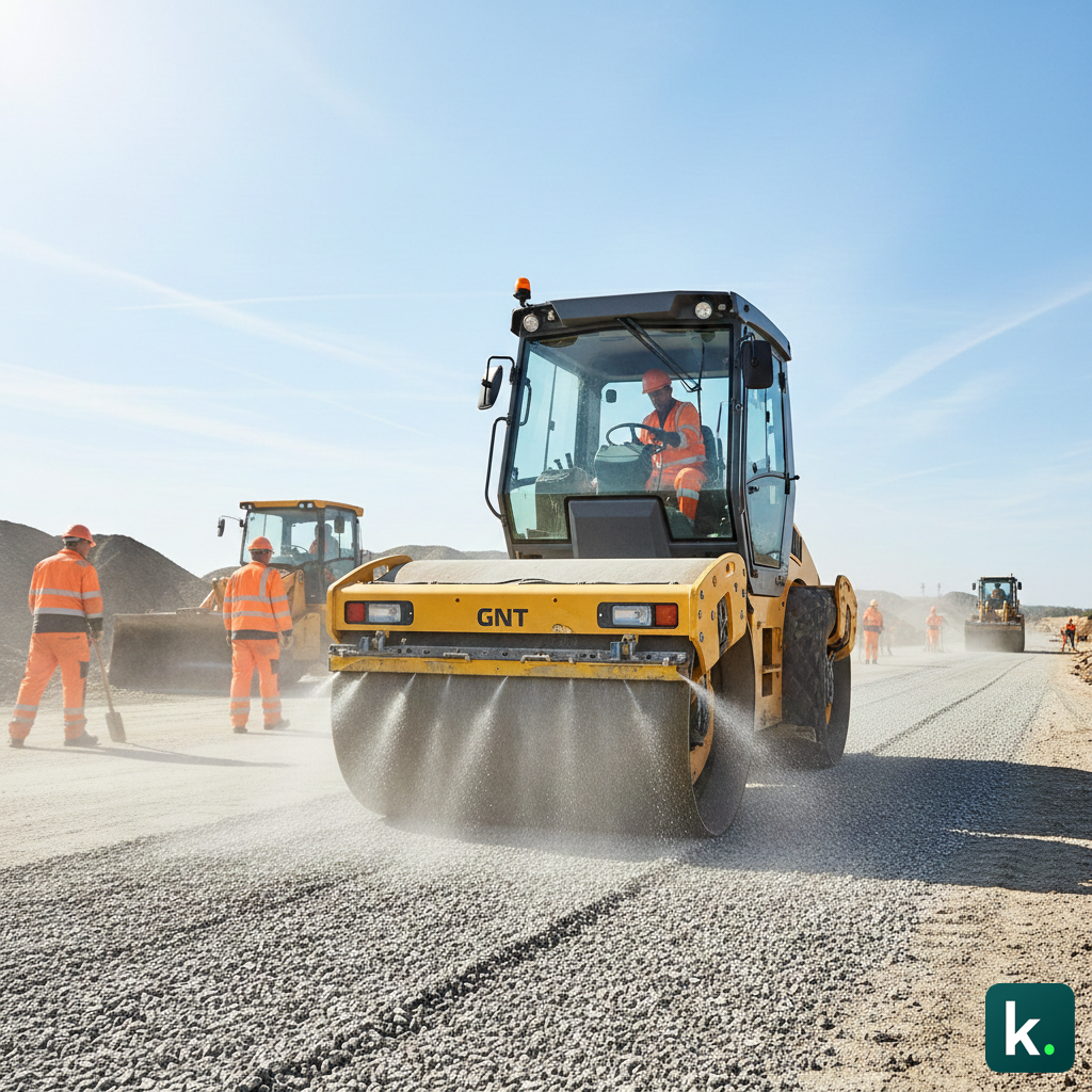 Un compacteur vibrant travaillant sur un granulat calcaire humide.