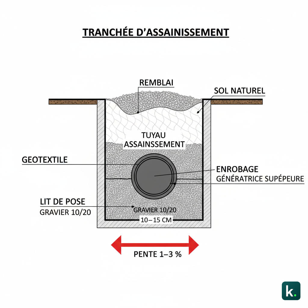 chéma en coupe montrant : fond de fouille, lit de pose 10/20, tuyau PVC, enrobage latéral, géotextile, remblai compacté par couches + flèches de pente.