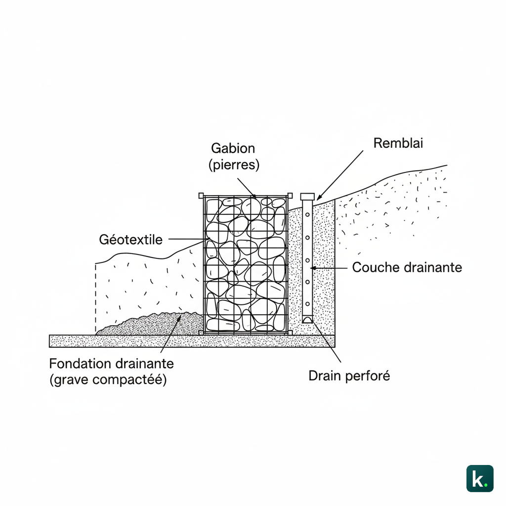 Schéma pédagogique montrant fondation drainante, géotextile et drain arrière.