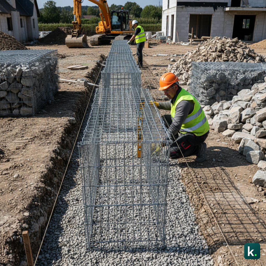 Chantier réel, cages montées droites, contrôle des niveaux.