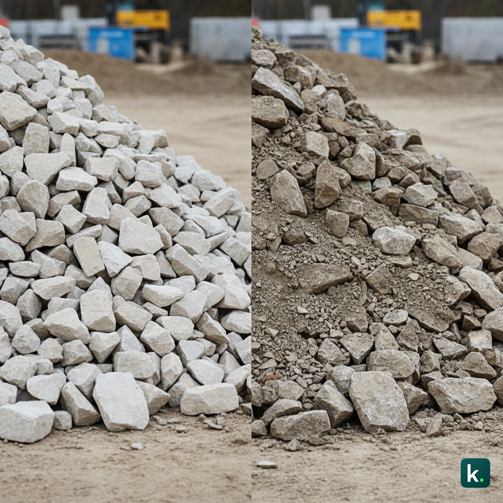 Comparaison claire entre pierre propre calibrée et mélange avec fines.