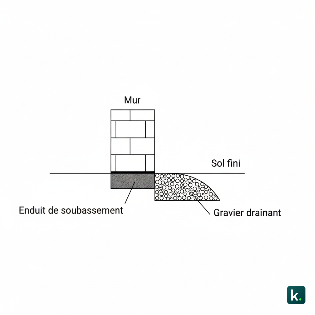 Schéma montrant mur, enduit, sol fini et drainage