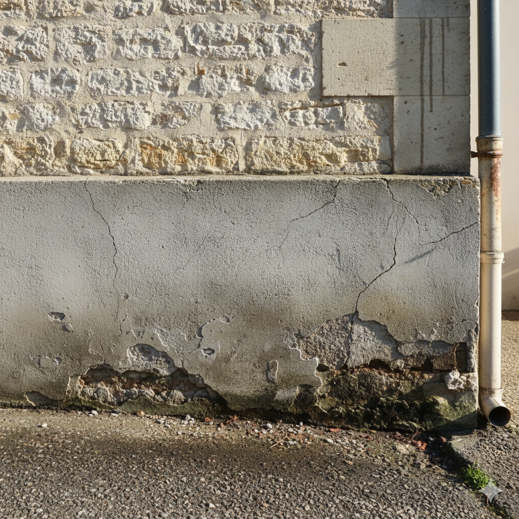 Fissuration et décollement d’un soubassement mal protégé