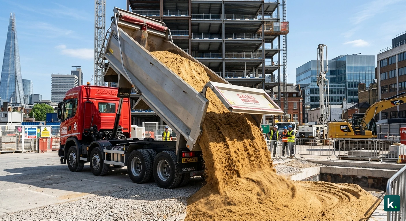 Livraison de sable sur un chantier urbain.