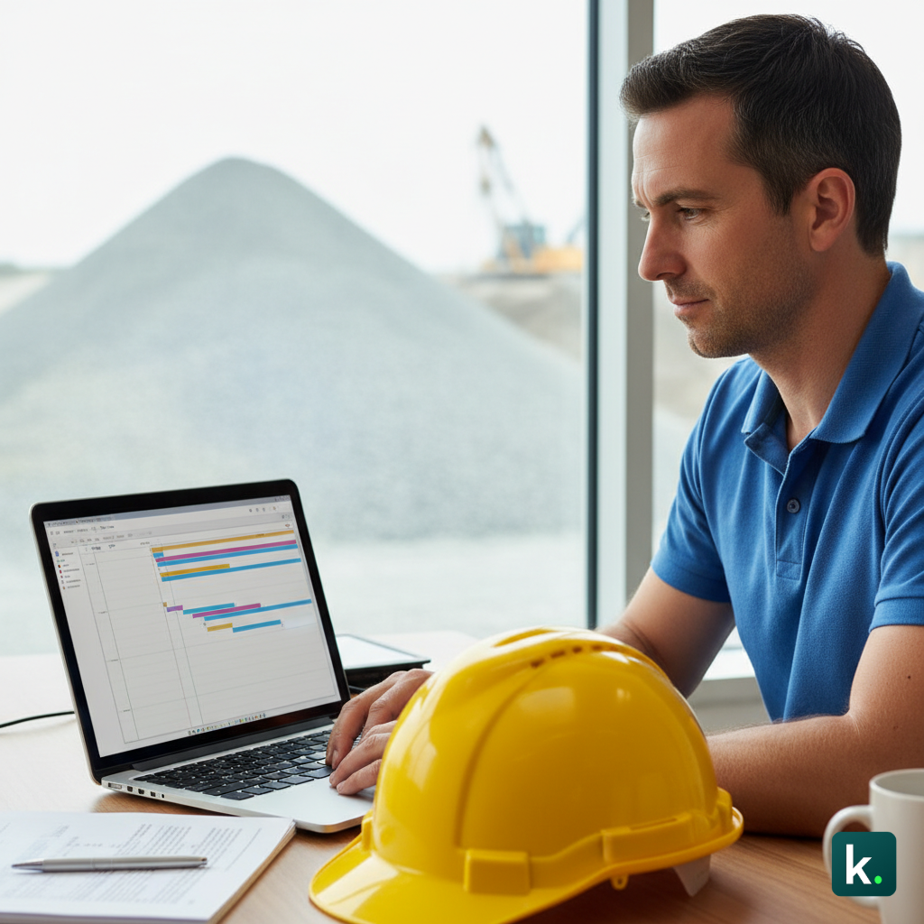 Conducteur de travaux consultant un planning d'approvisionnement matériaux calé sur le Gantt du chantier