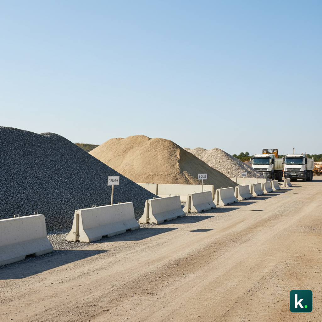 Zone de stockage organisée sur chantier avec stocks identifiés de granulats, sable et grave séparés par type