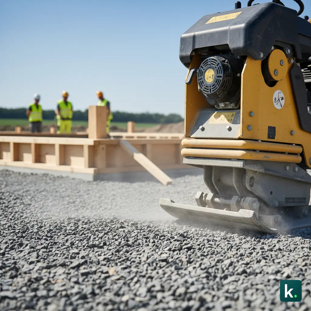 Compactage d'un remblai en grave sur terrain nivelé avant fondation de construction