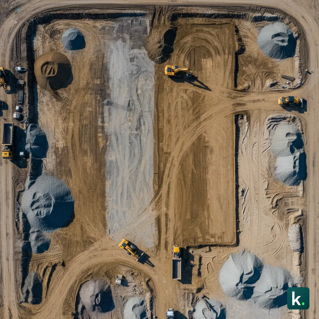 Vue aérienne terrain nivelé avec couches de remblai prêt pour construction