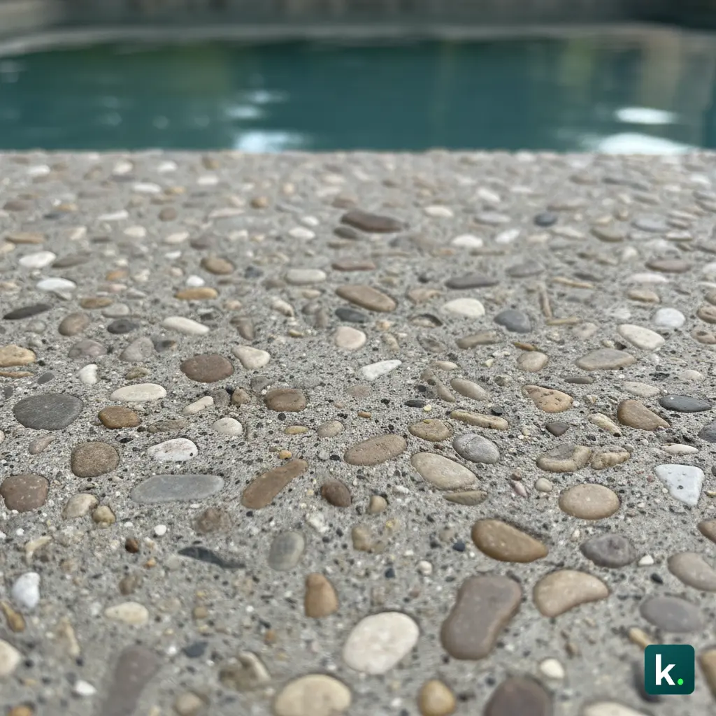 Béton désactivé antidérapant en bord de piscine montrant la texture granulaire de surface
