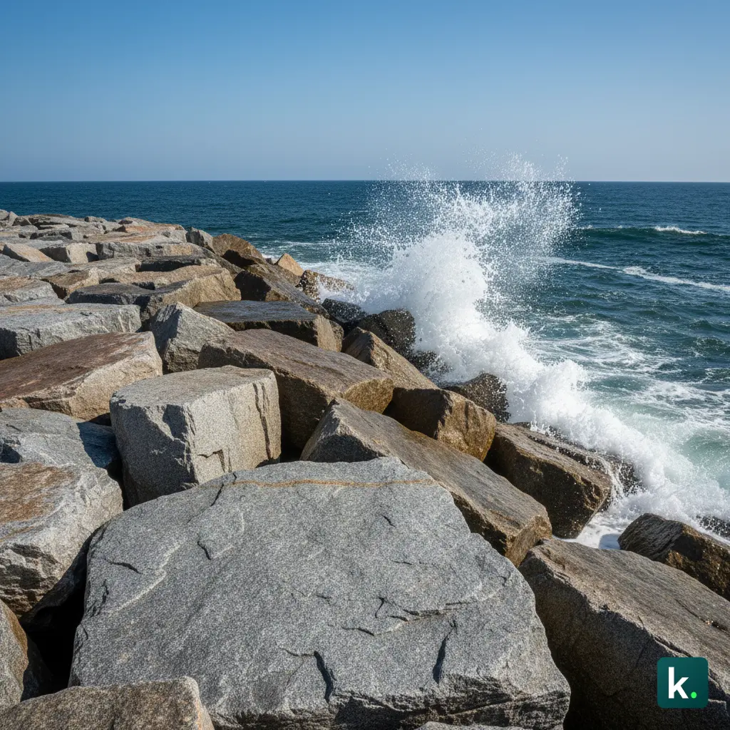 Digue composée de gros blocs de granite.