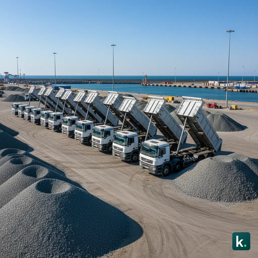 File de camions livrant des granulats sur un port.