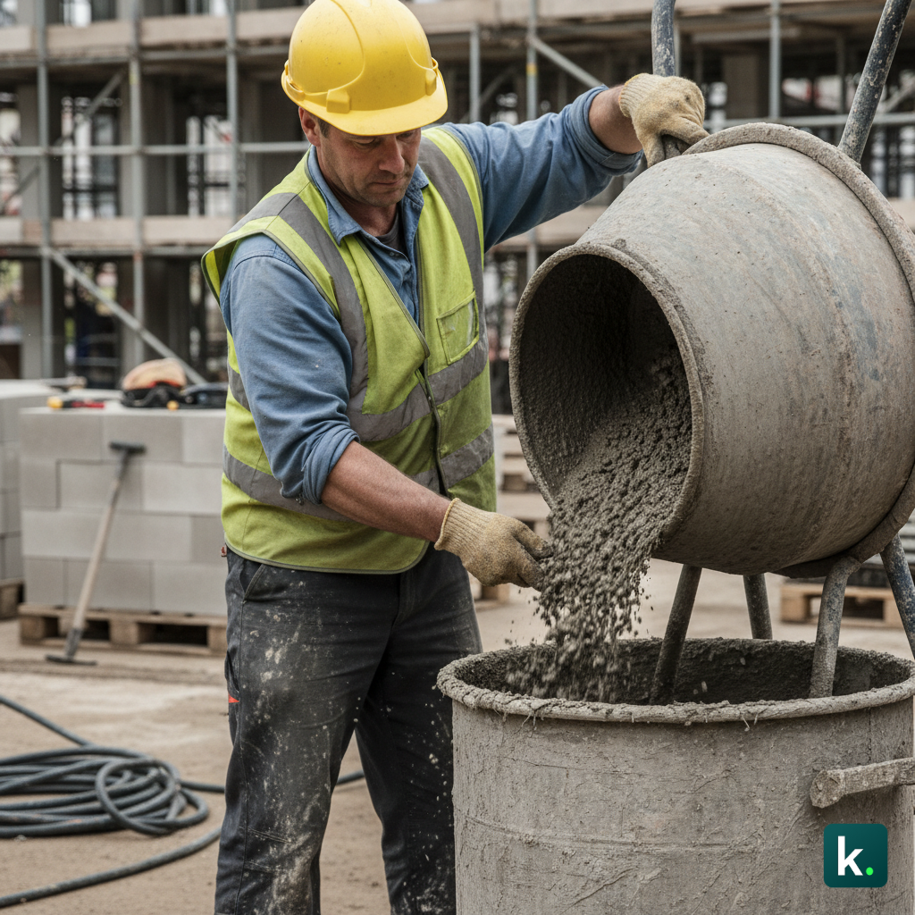 Ouvrier versant du mélange à béton dans une bétonnière sur un chantier BTP
