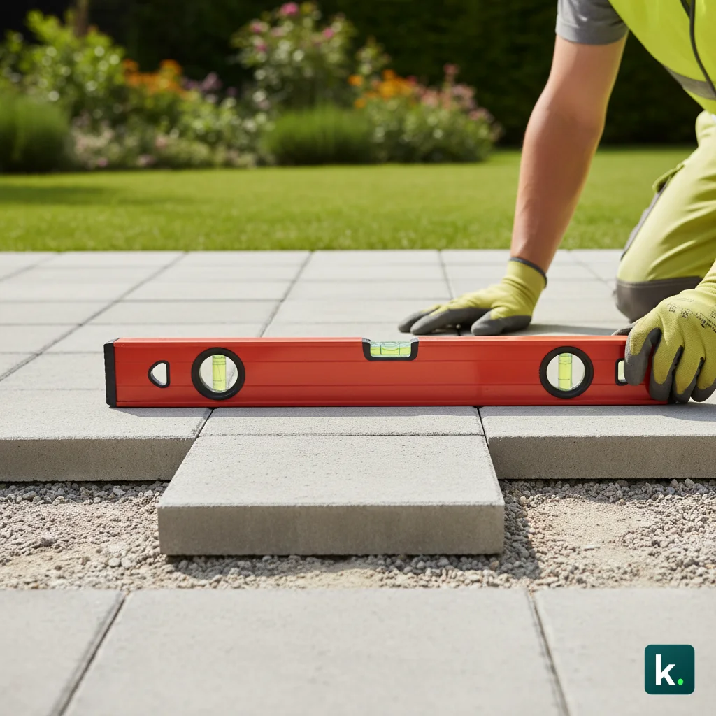 Terrasse finalisée avec pavés posés sur lit de pose correctement préparé - vérification des niveaux