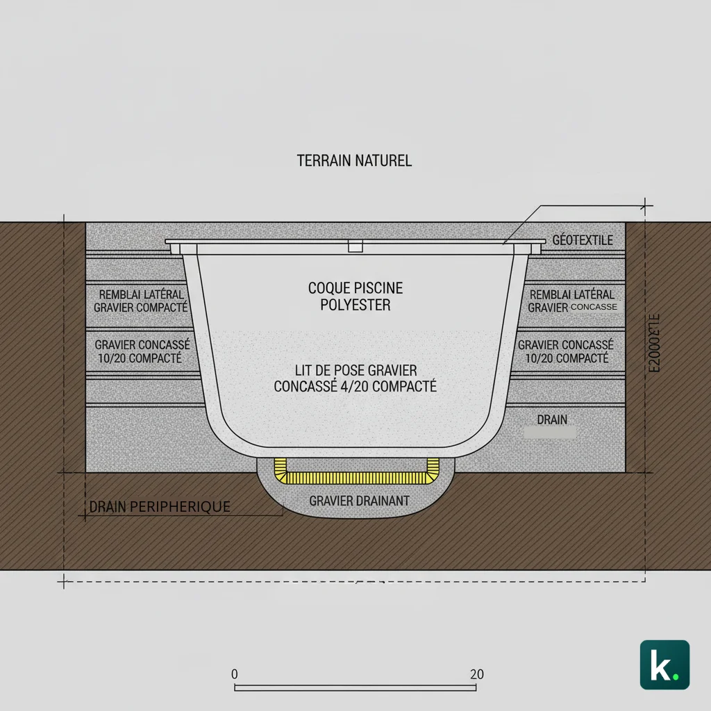 Coupe transversale d'une piscine coque avec gravier de remplissage 10/20 et drain périphérique