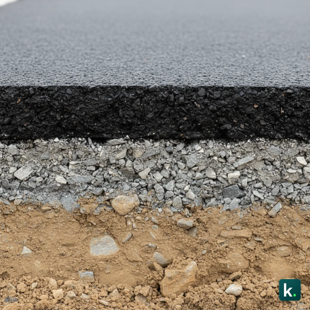 Coupe technique d'une chaussée avec couche de forme, couche de base et couche de roulement, granulats différenciés par couleur