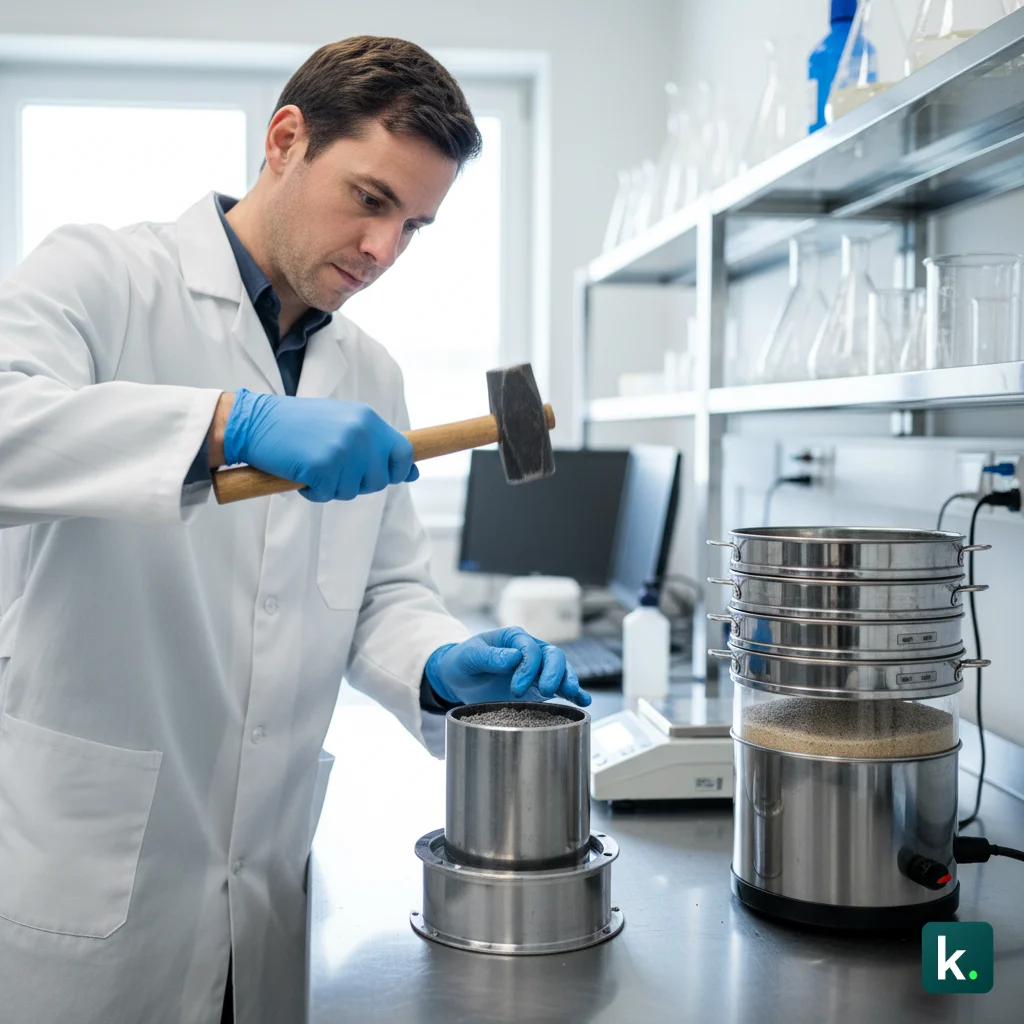 Laboratoire de contrôle qualité des granulats avec appareils de test Proctor, tamis d'analyse granulométrique et essais en cours