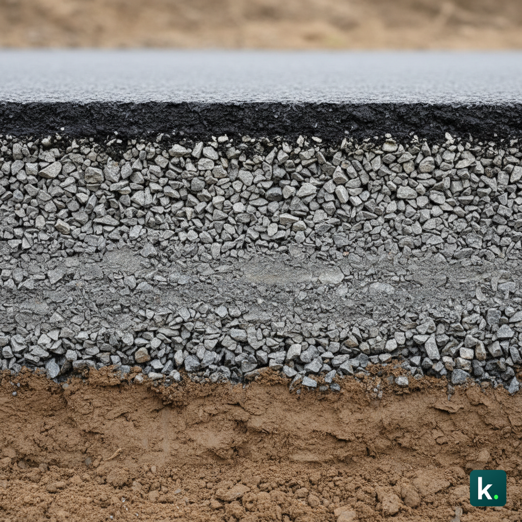 Coupe transversale d'une chaussée montrant la couche de base avec granulats, compactage et épaisseur standard
