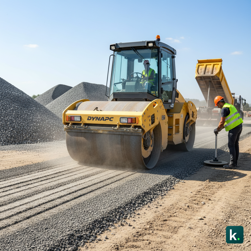 Machine de compactage vibrante compactant une couche de base routière sur chantier, avec outils de mesure de densité Proctor