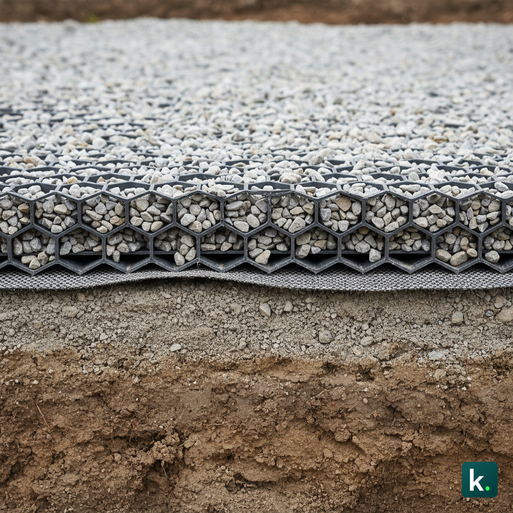 Vue en coupe montrant les différentes couches (terre, géotextile, GNT compactée, dalles alvéolaires, gravier