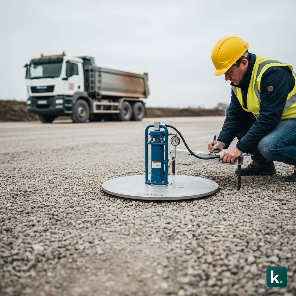 Essai de plaque sur couche de forme compactée pour mesurer la portance du terrain