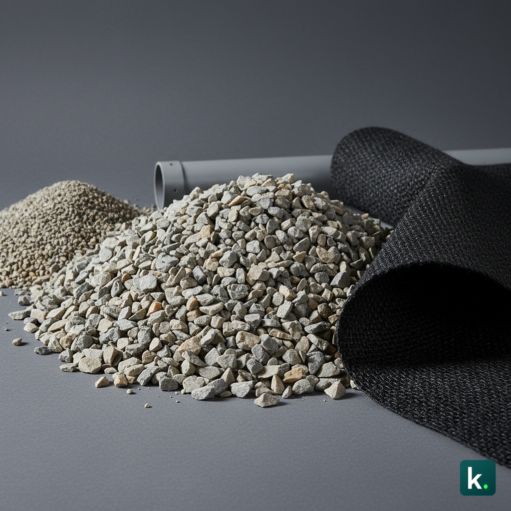 Matériaux drainage performant : gravier 20/40 mm concassé, géotextile classe 4-5, tuyau perforé