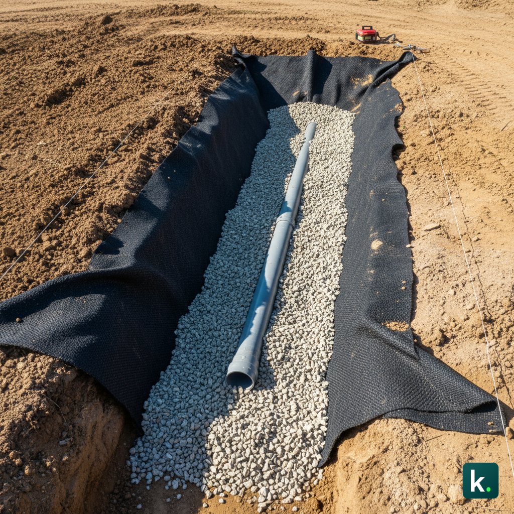 Étapes mise en œuvre tranchée drainante : pente 0,5%, géotextile, gravier 20/40, tuyau DN100, remblai