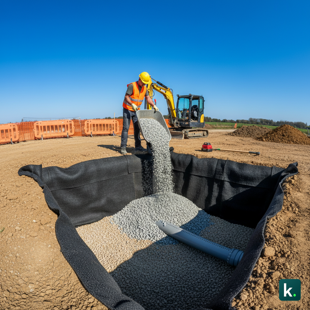 Mise en place d'un puisard de drainage avec granulats 10/20 et 20/40 mm, géotextile et tuyau PVC perforé