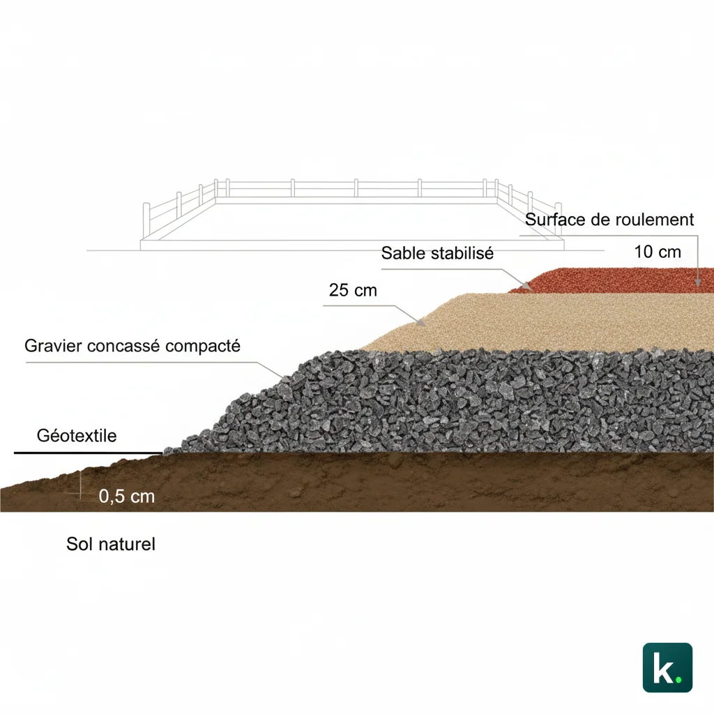 Coupe transversale d'une carrière équestre montrant les 4 couches : géotextile, grave concassée, sable stabilisé, surface de roulement