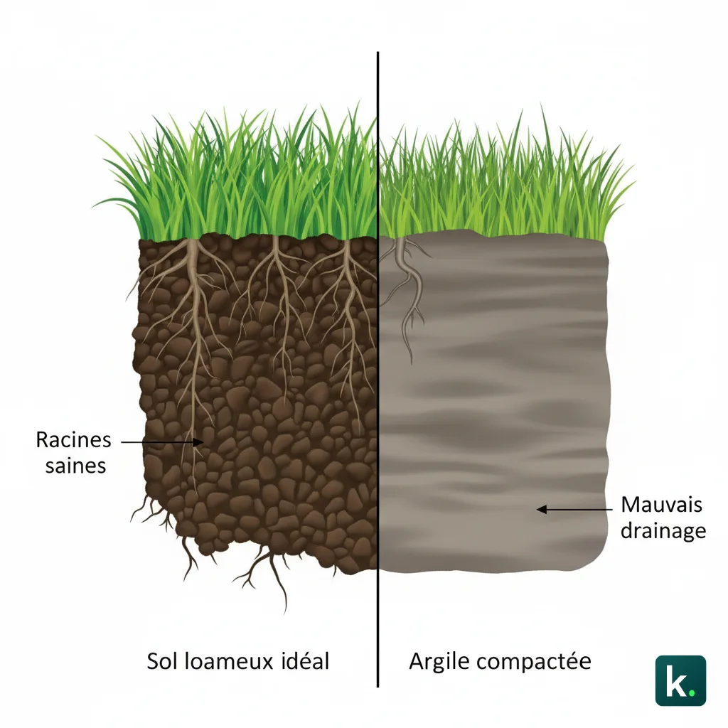 Comparaison de la structure idéale du sol pour pelouse (terre loameuse) avec mauvaise terre (argile compactée et sans enracinement)